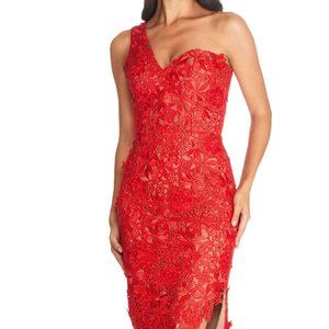 COPY - NWT Dress the Population Magnolia dress red midi one shoulder lace floral